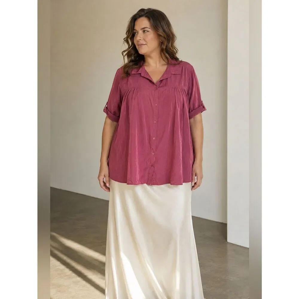 Roaman’s Women’s Burgundy Button Down Satin Shirt Blouse Size 26W Short Sleeve